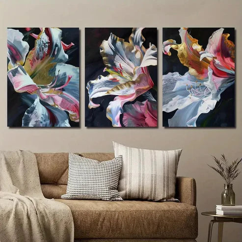 3pcs Golden Pink Lily Flower Petals & Dewdrops Wall Art Set Canvas Unframed - High Quality Print 100% Australian Made Wall Canvas - Bella Home Decor