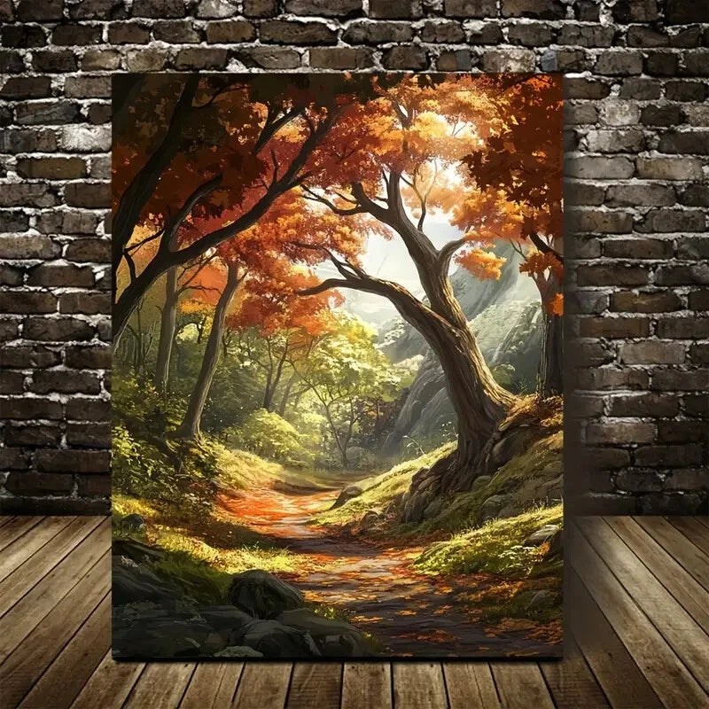 Forest Scene with Sunlit Canopy & Autumnal Foliage 40x60cm Metal Print Ready to Hang - Bella Home Decor
