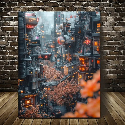 Beautiful Featuring a Cyberpunk Village Painting  40x60cm Metal Print Ready to Hang - Bella Home Decor