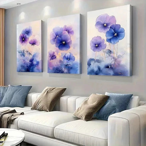 3pcs Pansies with Soft Hues of Lavender and Blue Art Set Canvas Unframed - High Quality Print 100% Australian Made Wall Canvas