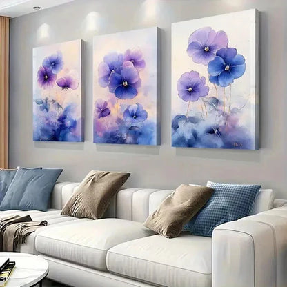 3pcs Pansies with Soft Hues of Lavender and Blue Art Set Canvas Unframed - High Quality Print 100% Australian Made Wall Canvas