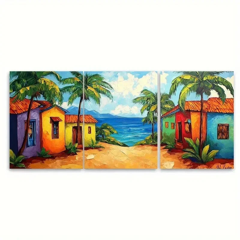 3pcs Large Mexican House Tropica FY Wall Art Set Canvas Framed 60x90cm - High Quality Print 100% Australian Made Wall Canvas Ready to Hang - Bella Home Decor