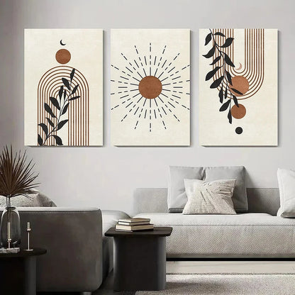 3pcs Abstract Geometric Moon and Leaf Design Metal Print Ready to Hang Art - Bella Home Decor