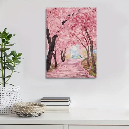 Beautiful Vibrant Pink Blossoms Serene Street Painting 40x60cm Metal Print Ready to Hang - Bella Home Decor