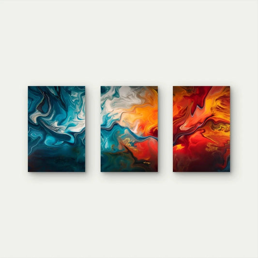 3pcs Teal Blue Fiery Red Orange Abstract Wall Art Set Canvas Framed 50x70cm - High Quality Print 100% Australian Made Wall Canvas Ready to Hang