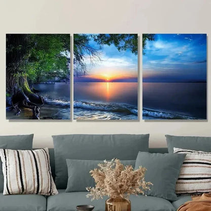 3pcs Sunset Beach Scene with Palm Tree Ocean Wall Art Set Canvas Unframed - High Quality Print 100% Australian Made Wall Canvas