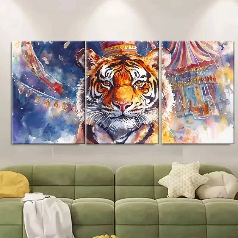 3pcs Tiger Mascot at Carnival, Watercolor Wall Art Set Canvas Framed 40x60cm - High Quality Print 100% Australian Made Wall Canvas Ready to Hang