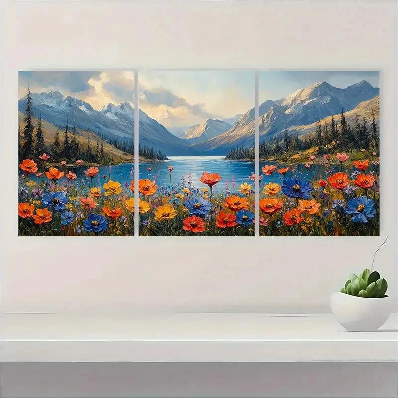 3pcs Natural Lake View Wildflower  EQ   Wall Art Set Canvas Framed 40x60cm - High Quality Print 100% Australian Made Wall Canvas Ready to Hang - Bella Home Decor