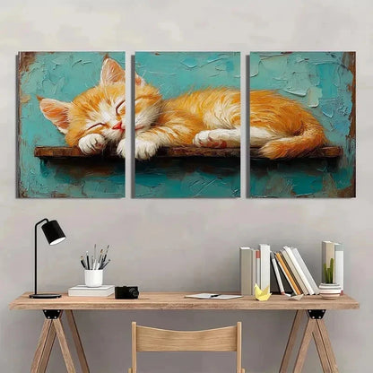 3pcs Orange Kitten Stretching Animal Perfect Wall Art Set Canvas Framed 50x70cm - High Quality Print 100% Australian Made Wall Canvas Ready to Hang