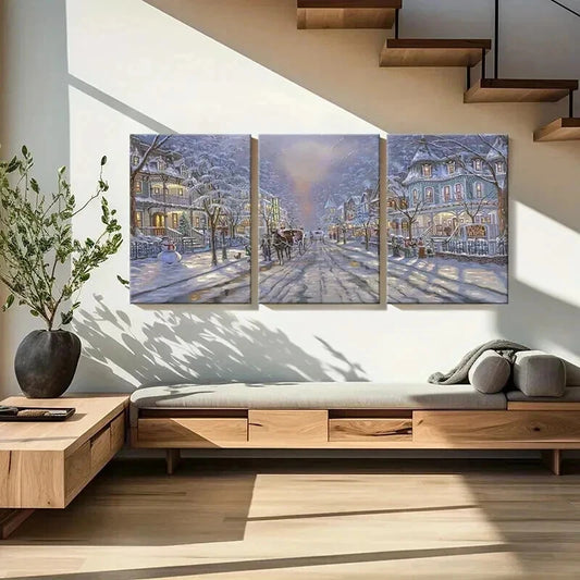3pcs Snowy Town Scene with Horse Drawn Carriage Wall Art Set Canvas Framed 40x60cm - High Quality Print 100% Australian Made Wall Canvas Ready to Hang