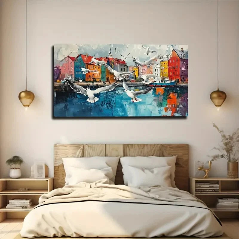 Flying Seagulls & Vibrant City Wall Art Canvas Office Home Room Framed 120x60cm