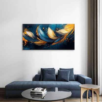 Modern Abstract Blue and Gold Feathers Wall Art Canvas Office Home Framed 120x60cm