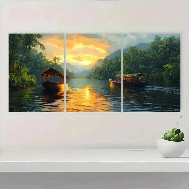 3pcs Kwai River Sunset Tropical Thailand HJ     Wall Art Set Canvas Framed 40x60cm - High Quality Print 100% Australian Made Wall Canvas Ready to Hang