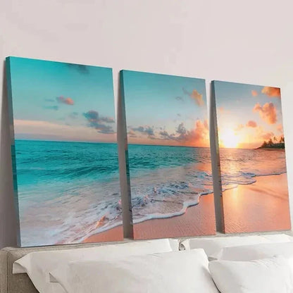 3pcs Sunrise Coast Beach Blue Sea Scenery Wall Art Set Canvas Unframed - High Quality Print 100% Australian Made Wall Canvas