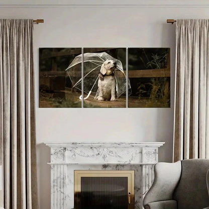 3pcs Puppy Dog Pet Under an Umbrella Wall Art Set Canvas Framed 50x70cm - High Quality Print 100% Australian Made Wall Canvas Ready to Hang - Bella Home Decor