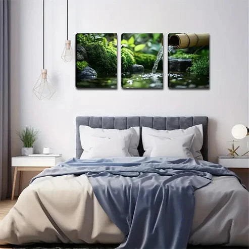 3pcs Black Pebbles Built Pond Natural Style Wall Art Set Canvas Unframed - High Quality Print 100% Australian Made Wall Canvas - Bella Home Decor