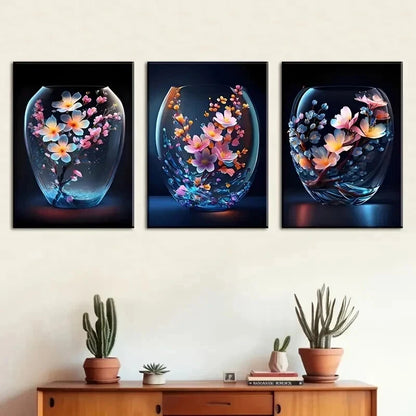 3pcs Modern Floral Flower Blue & Orange Perfect Wall Art Set Canvas Framed 50x70cm - High Quality Print 100% Australian Made Wall Canvas Ready to Hang - Bella Home Decor