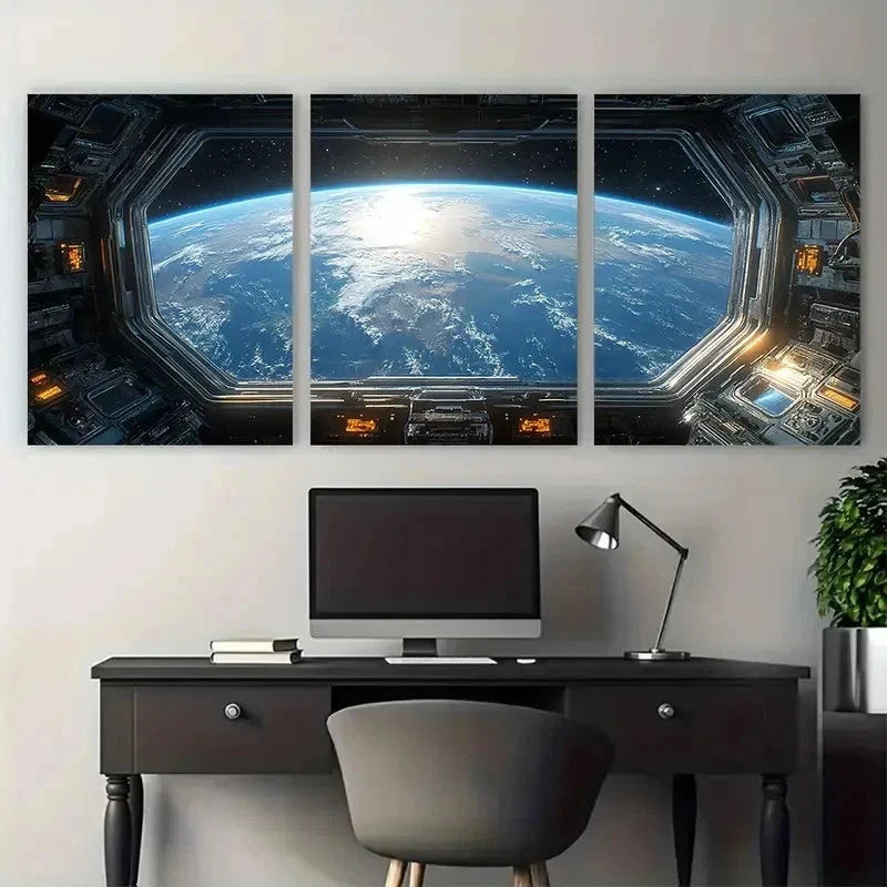 3pcs Space Station Window View Of Earth Perfect Wall Art Set Canvas Framed 50x70cm - High Quality Print 100% Australian Made Wall Canvas Ready to Hang