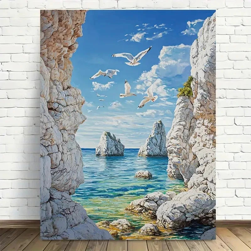 Beautiful Seagulls Over Blue Lagoon Painting 40x60cm Metal Print Ready to Hang - Bella Home Decor
