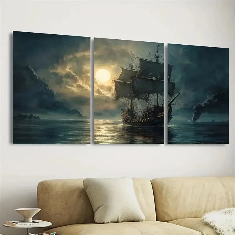 3pcs Rustic Pirate Ship Wall Art Set Canvas Framed 40x60cm - High Quality Print 100% Australian Made Wall Canvas Ready to Hang