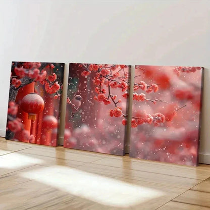 3pcs Red Festive Plum Blossoms Chinese Wall Art Set Canvas Framed 50x70cm - High Quality Print 100% Australian Made Wall Canvas Ready to Hang