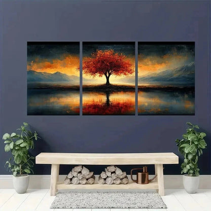 3pcs Vibrant Autumn Leaves & Mountain Reflection Wall Art Set Canvas Framed 60x90cm - High Quality Print 100% Australian Made Wall Canvas Ready to Hang