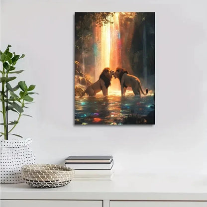 Lion Painting with Waterfall & Rainbow Painting 40x60cm Metal Print Ready to Hang - Bella Home Decor