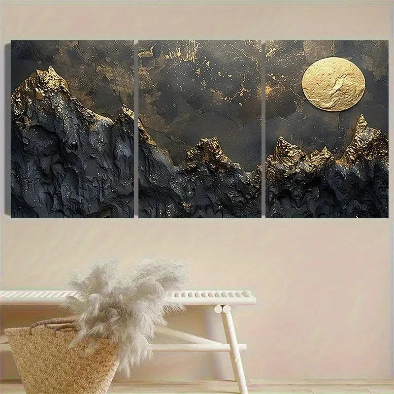 3pcs Cosmic Mountain Range with Golden Moon Wall Art Set Canvas Framed 60x90cm - High Quality Print 100% Australian Made Wall Canvas Ready to Hang - Bella Home Decor