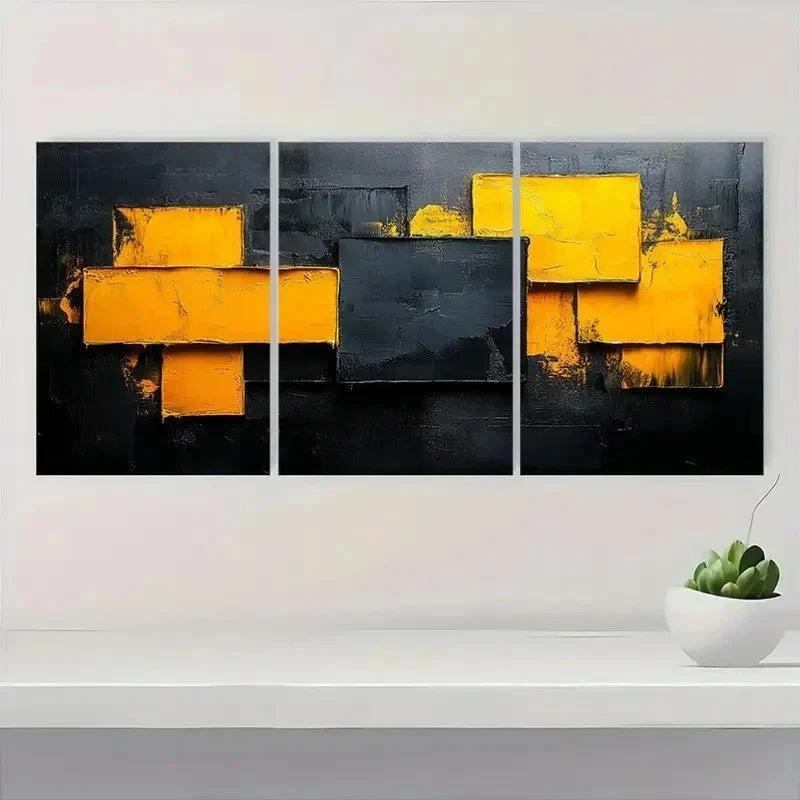 3pcs Vibrant Yellow & Black Textured BN   Wall Art Set Canvas Framed 60x90cm - High Quality Print 100% Australian Made Wall Canvas Ready to Hang - Bella Home Decor