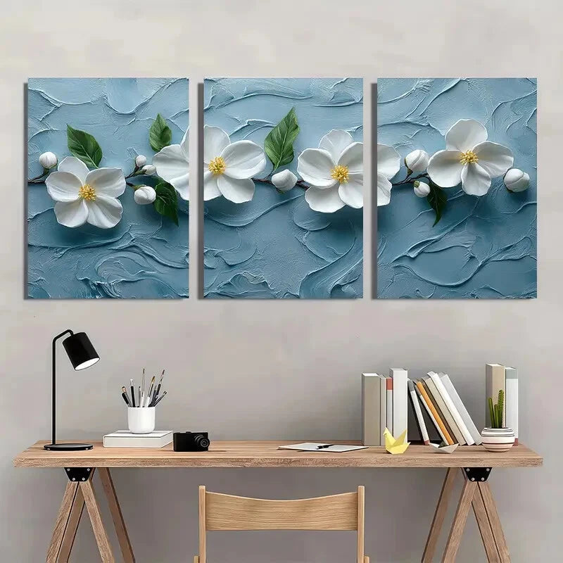 3pcs White West Indian Jasmine Painting Print Metal Print Ready to Hang Art - Bella Home Decor