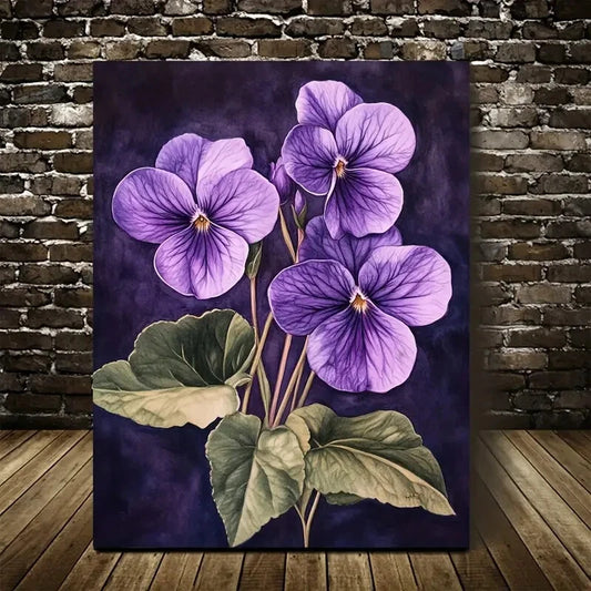 Vibrant Purple Violets with Green Leaves Painting 40x60cm Metal Print Ready to Hang - Bella Home Decor