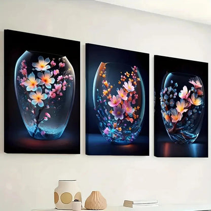 3pcs Modern Floral Flower Blue & Orange Perfect Wall Art Set Canvas Framed 40x60cm - High Quality Print 100% Australian Made Wall Canvas Ready to Hang - Bella Home Decor