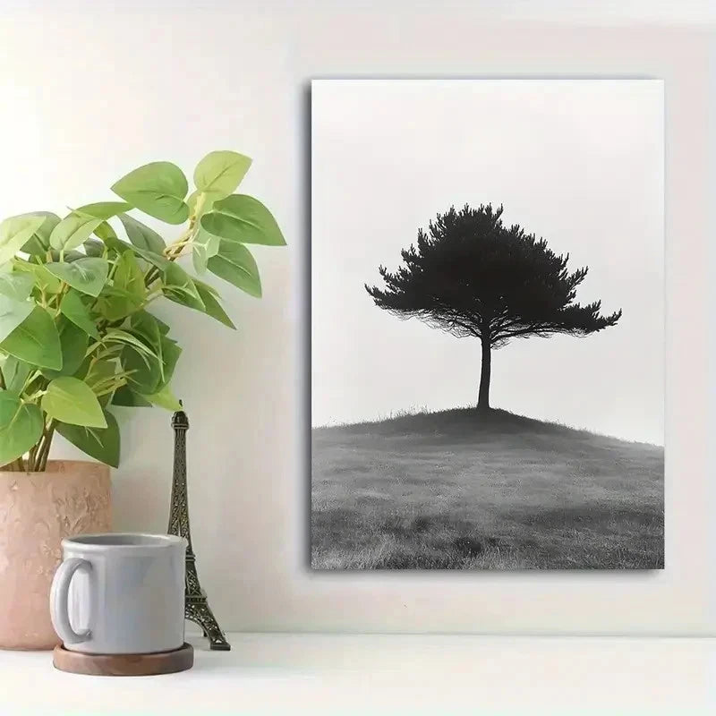 Beautiful Minimalist Black & White Lone Tree Painting 40x60cm Metal Print Ready to Hang