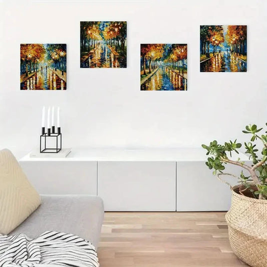 4pcs Colorful Autumn Scenes With Reflective Wall Art Canvas Framed