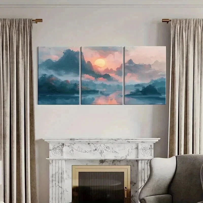 3pcs Sunrise Vintage Chinese Landscape Metal Print Ready to Hang Art - Bella Home Decor