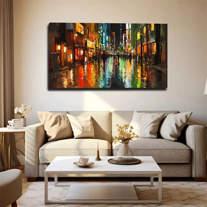 Rainy Night Cityscape Neon Wall Art Canvas Office Home Room Framed 120x60cm