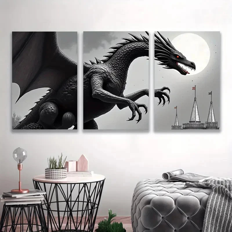 3pcs Black Dramatic Dragon Moonlit Castle Scene  Wall Art Set Canvas Framed 60x90cm - High Quality Print 100% Australian Made Wall Canvas Ready to Hang - Bella Home Decor