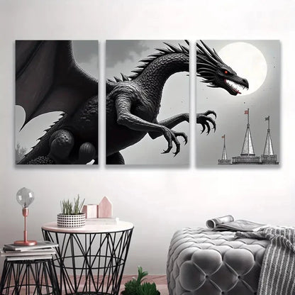 3pcs Black Dramatic Dragon Moonlit Castle Scene  Wall Art Set Canvas Framed 60x90cm - High Quality Print 100% Australian Made Wall Canvas Ready to Hang - Bella Home Decor
