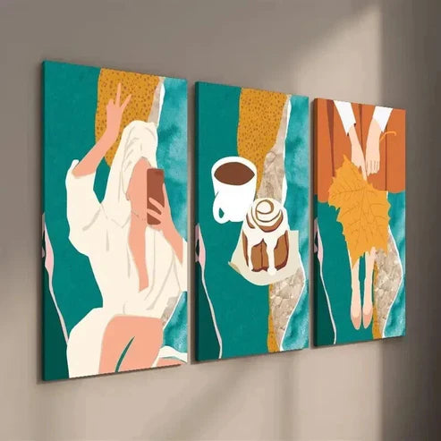 3pcs Coffee & Bread Woman in Bath  Wall Art Set Canvas Unframed - High Quality Print 100% Australian Made Wall Canvas - Bella Home Decor