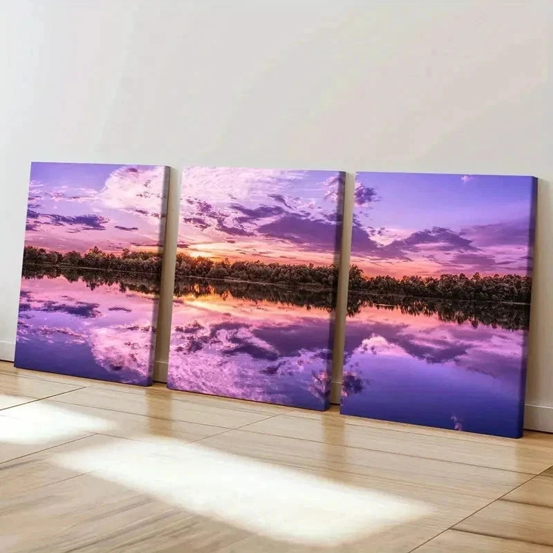 3pcs Purple Sky Lake and Mountain Scenery Wall Art Set Canvas Framed 60x90cm - High Quality Print 100% Australian Made Wall Canvas Ready to Hang