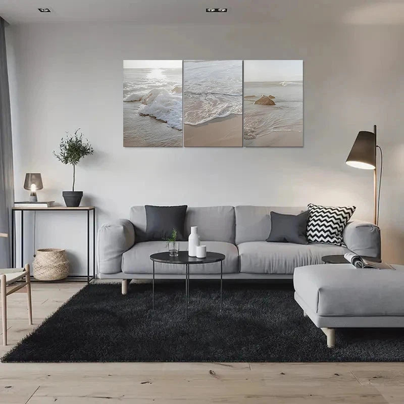 3pcs Coastal Ocean Scene with Sandy Shore & Wave Metal Print Ready to Hang Art - Bella Home Decor