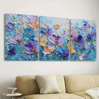 3pcs Flower Floral Art Blue Impasto Wall Art Set Canvas Framed 60x90cm - High Quality Print 100% Australian Made Wall Canvas Ready to Hang - Bella Home Decor