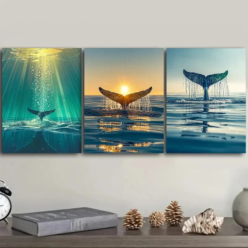 3pcs whale tail Wall Art Set Canvas Framed 50x70cm - High Quality Print 100% Australian Made Wall Canvas Ready to Hang - Bella Home Decor