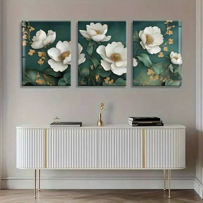 3pcs White Magnolia Flowers with Golden Perfect Wall Art Canvas Unframed – High Quality Print 100% Australian Made Wall Canvas