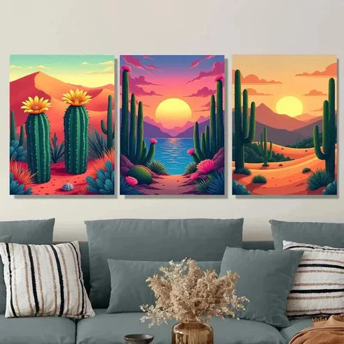 3pcs Vibrant Cactus Sunset Oasis Triptych Wall Art Set Canvas Unframed - High Quality Print 100% Australian Made Wall Canvas