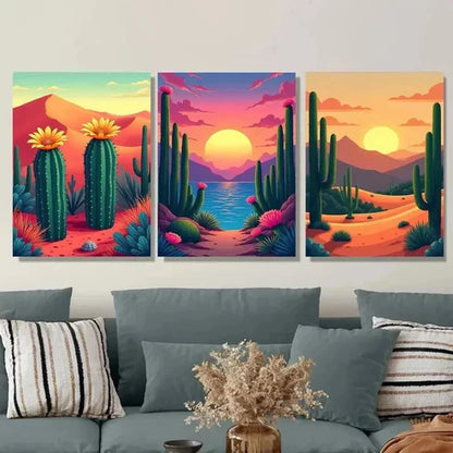 3pcs Vibrant Cactus Sunset Oasis Triptych Wall Art Set Canvas Unframed - High Quality Print 100% Australian Made Wall Canvas