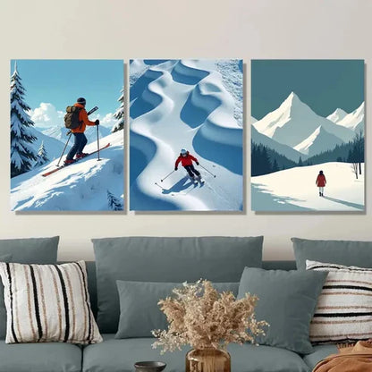 3pcs Snowy Mountain Ski Adventure Picture Wall Art Set Canvas Unframed - High Quality Print 100% Australian Made Wall Canvas