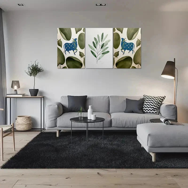 3pcs Blue Bull & Green Leaves Metal Print Ready to Hang Art - Bella Home Decor
