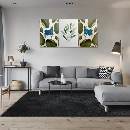 3pcs Blue Bull & Green Leaves Metal Print Ready to Hang Art - Bella Home Decor