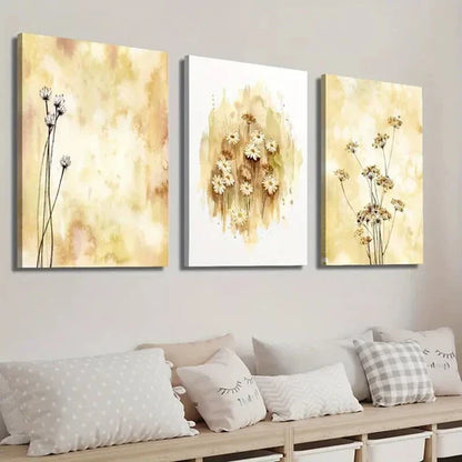 3pcs Botanical Wildflowers Beige Mustard Ochre Wall Art Set Canvas Unframed - High Quality Print 100% Australian Made Wall Canvas - Bella Home Decor
